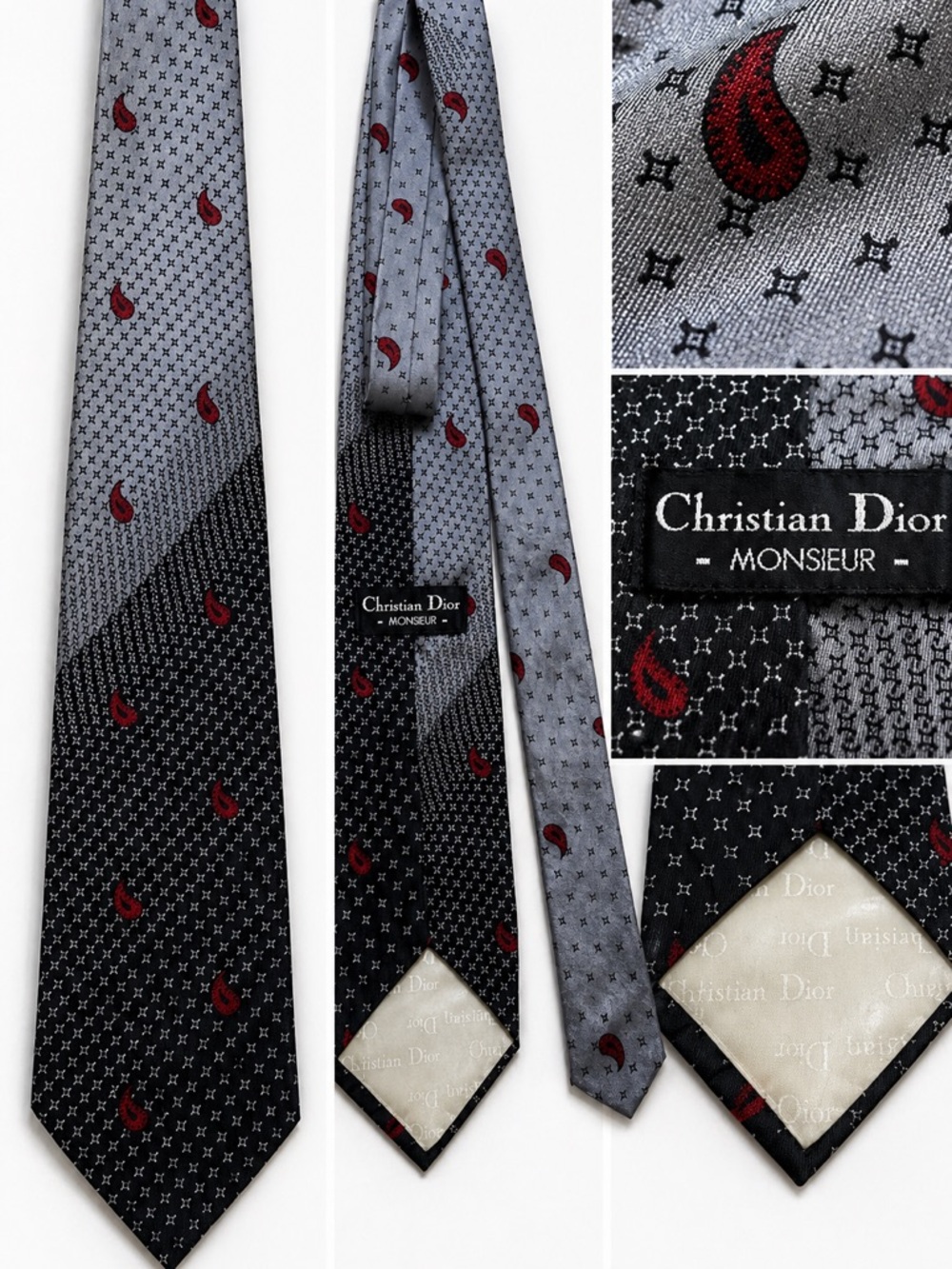 Vintage Christian Dior Monsieur Silk Tie Paisley Geometric Split Design
